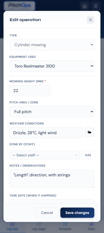 PitchOps mobile task form modal