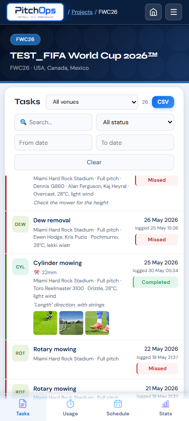 PitchOps mobile task list controls