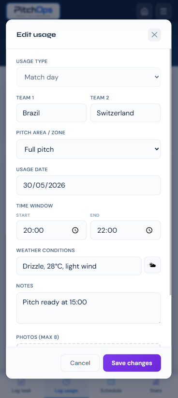 PitchOps mobile usage form modal