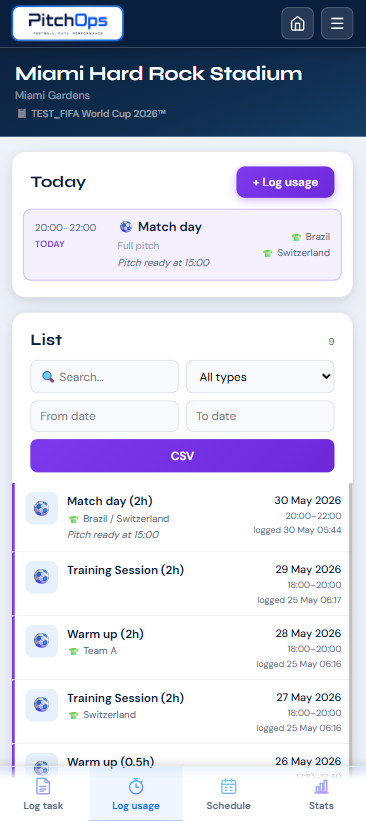 PitchOps mobile usage list controls