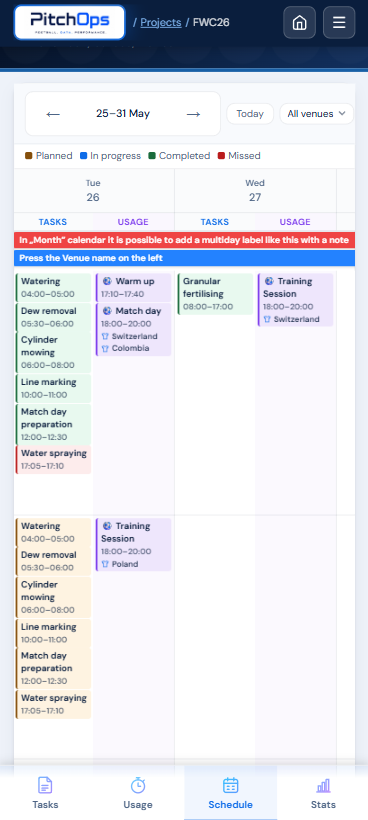PitchOps mobile weekly schedule