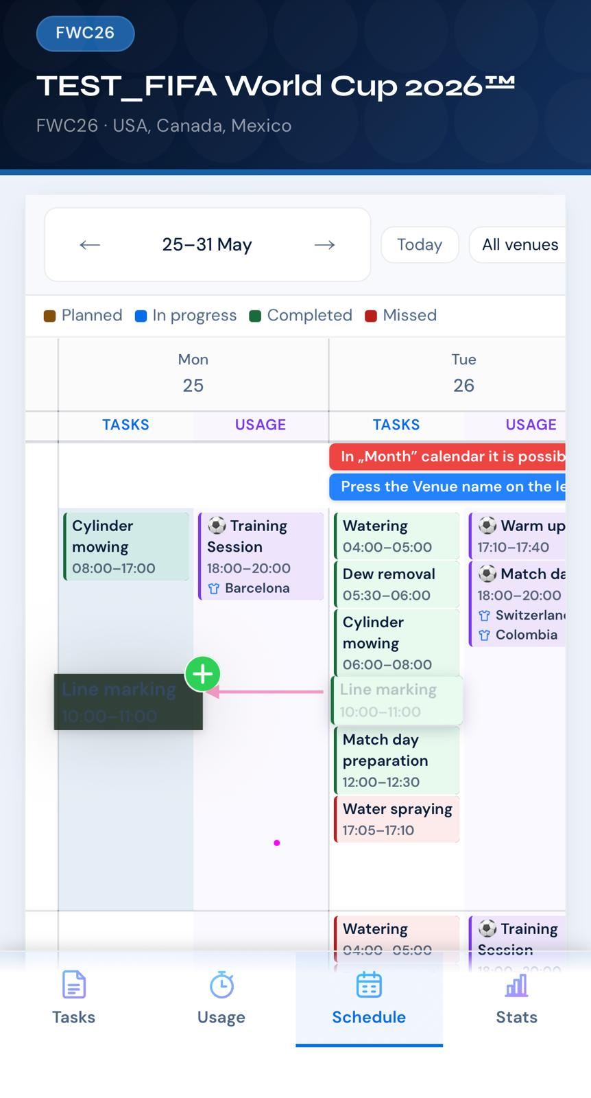 PitchOps mobile schedule chip copy and move controls