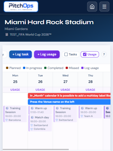 PitchOps mobile weekly schedule filter controls
