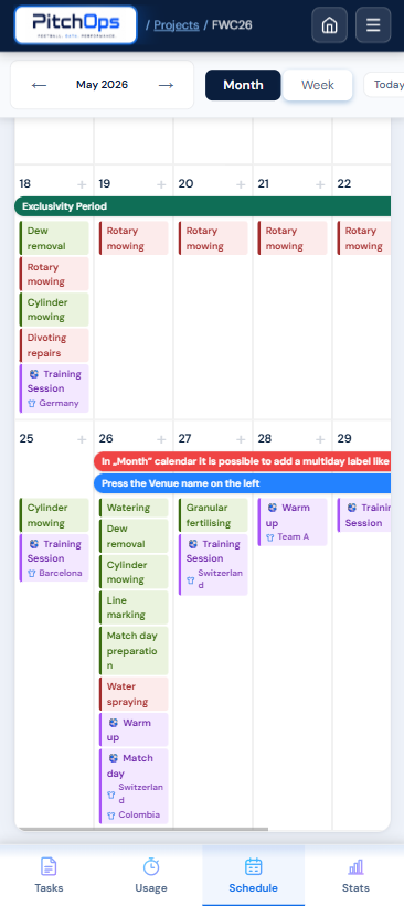 PitchOps mobile monthly schedule
