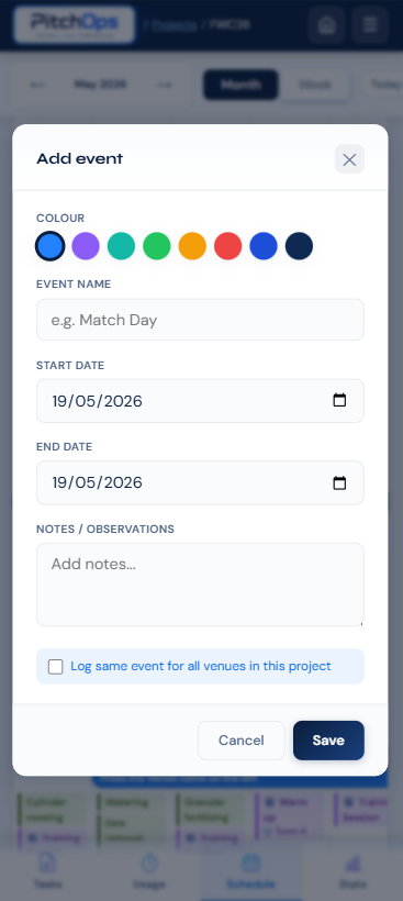 PitchOps mobile multiday event modal