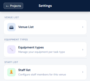 PitchOps mobile settings equipment staff and token links