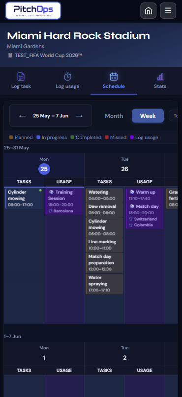 PitchOps dark weekly schedule screenshot