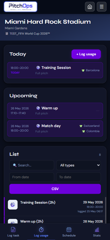 PitchOps dark usage log screenshot